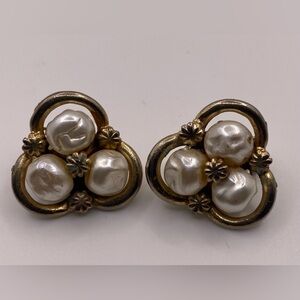 Coro Triple Pearl Gold Tone Clip On Earrings Signed